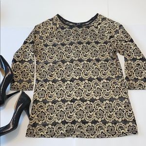 DEB Plus Size Black Gold Lace Sheer Top Size 3X